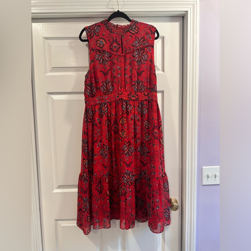 ModCloth Women's Midi Dress XL Floral Red Chiffon Lined Sleeveless Elastic Waist
